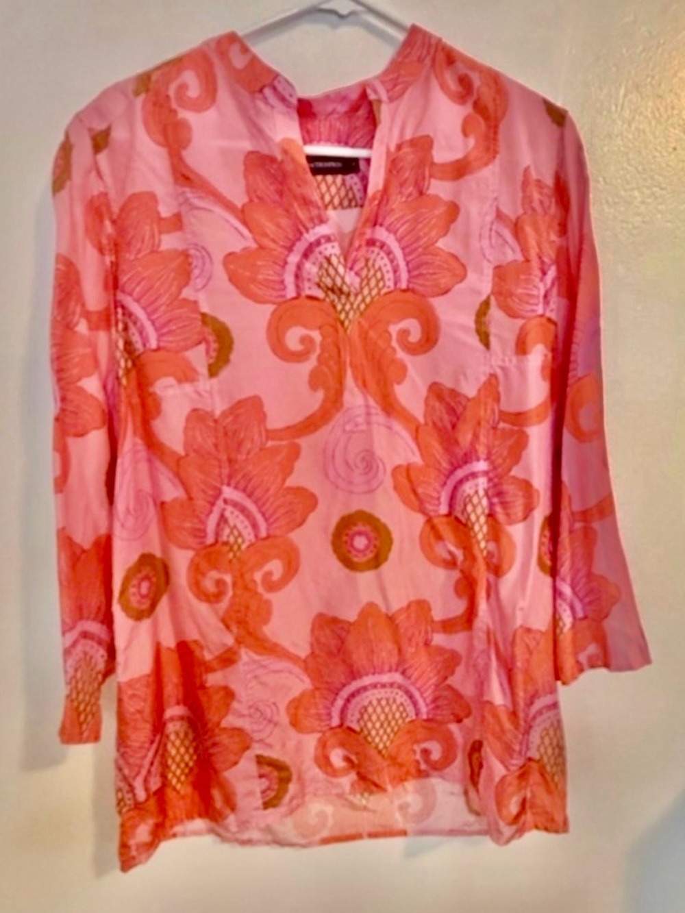 JIM THOMPSON silk Pink Orange Floral Tunic Top Size 10